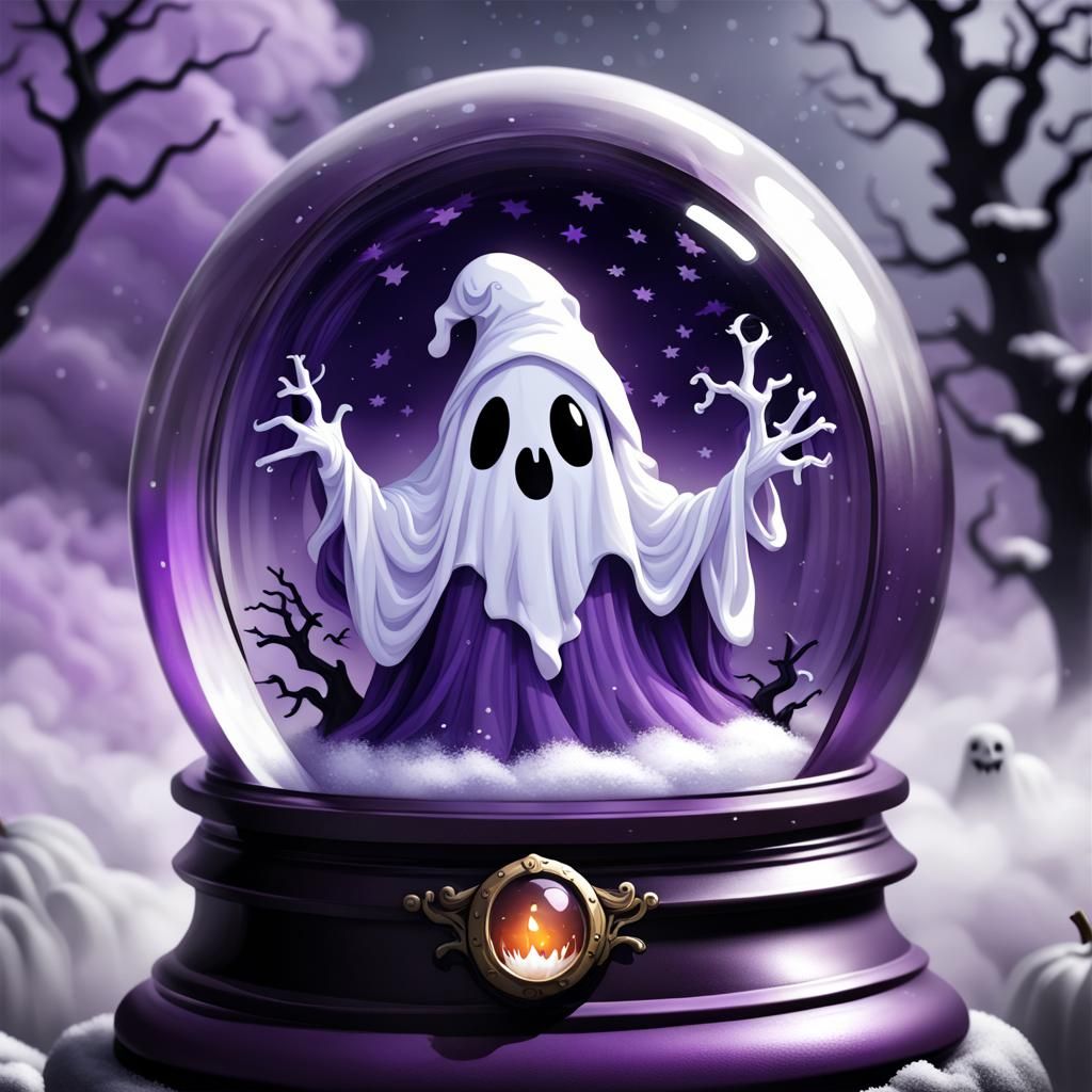 Halloween Ghost in Purple Fog Snow Globe