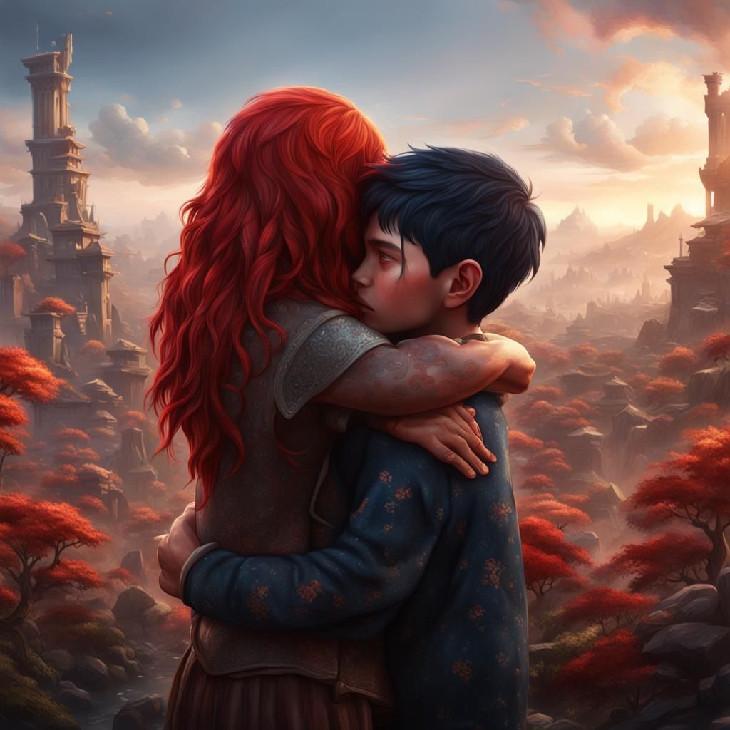 Emotional Embrace: Girl Comforts Boy in Detailed Fantasy Art