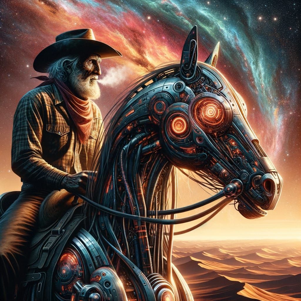 Cyberpunk Cowboy on Mechanical Horse in Alien Desert