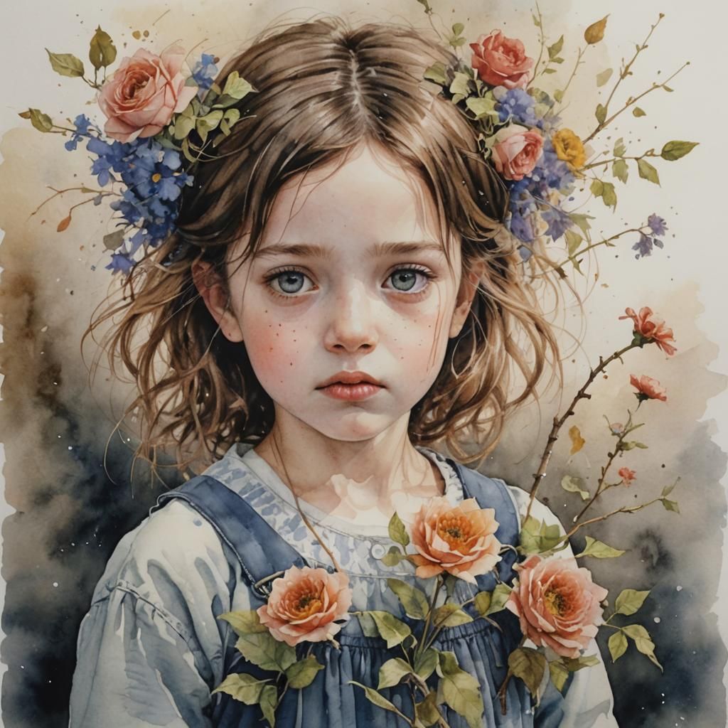 Melancholic Child Portrait in Romantic Watercolor Style