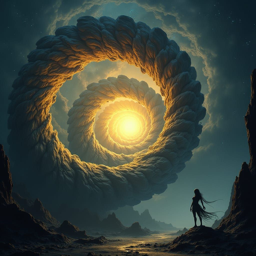 Glowing Fibonacci Spiral in Space, Dark Surreal Style