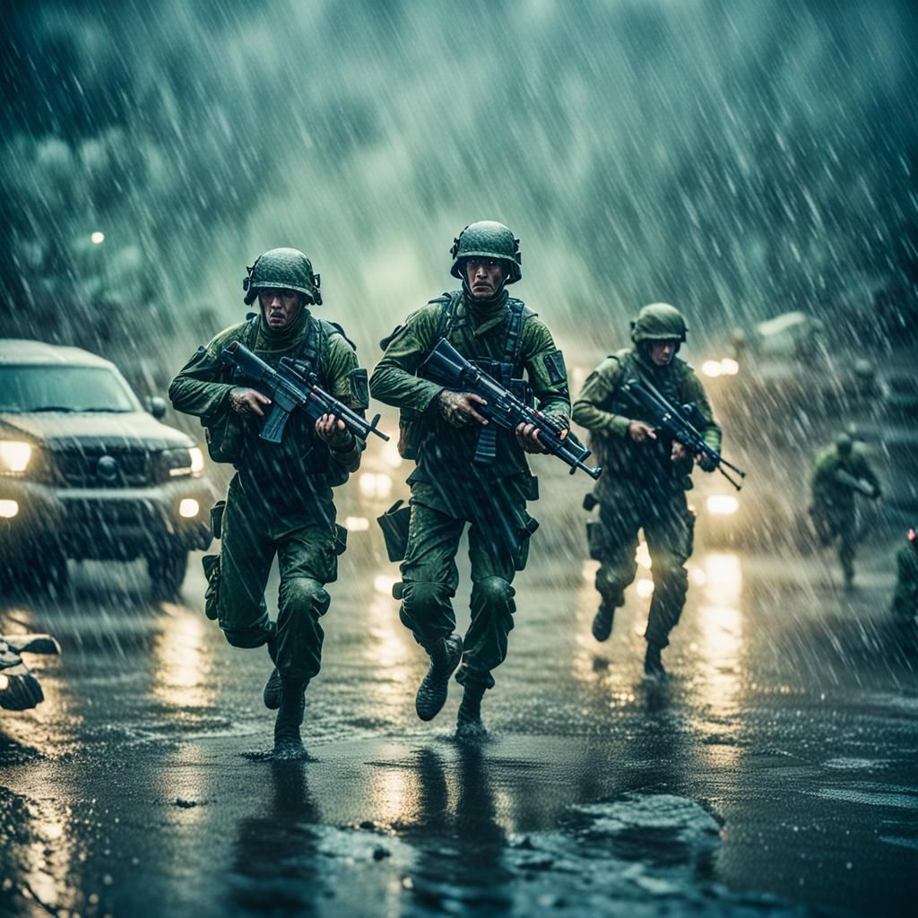 Dramatic Film Still of Soldiers Fighting in Rain
