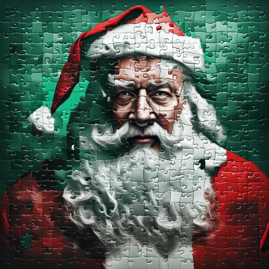Santa Claus Dadaist Photomontage in Puzzle Pieces