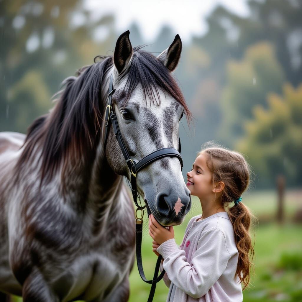 Grey Percheron Horse and Girl in Rain