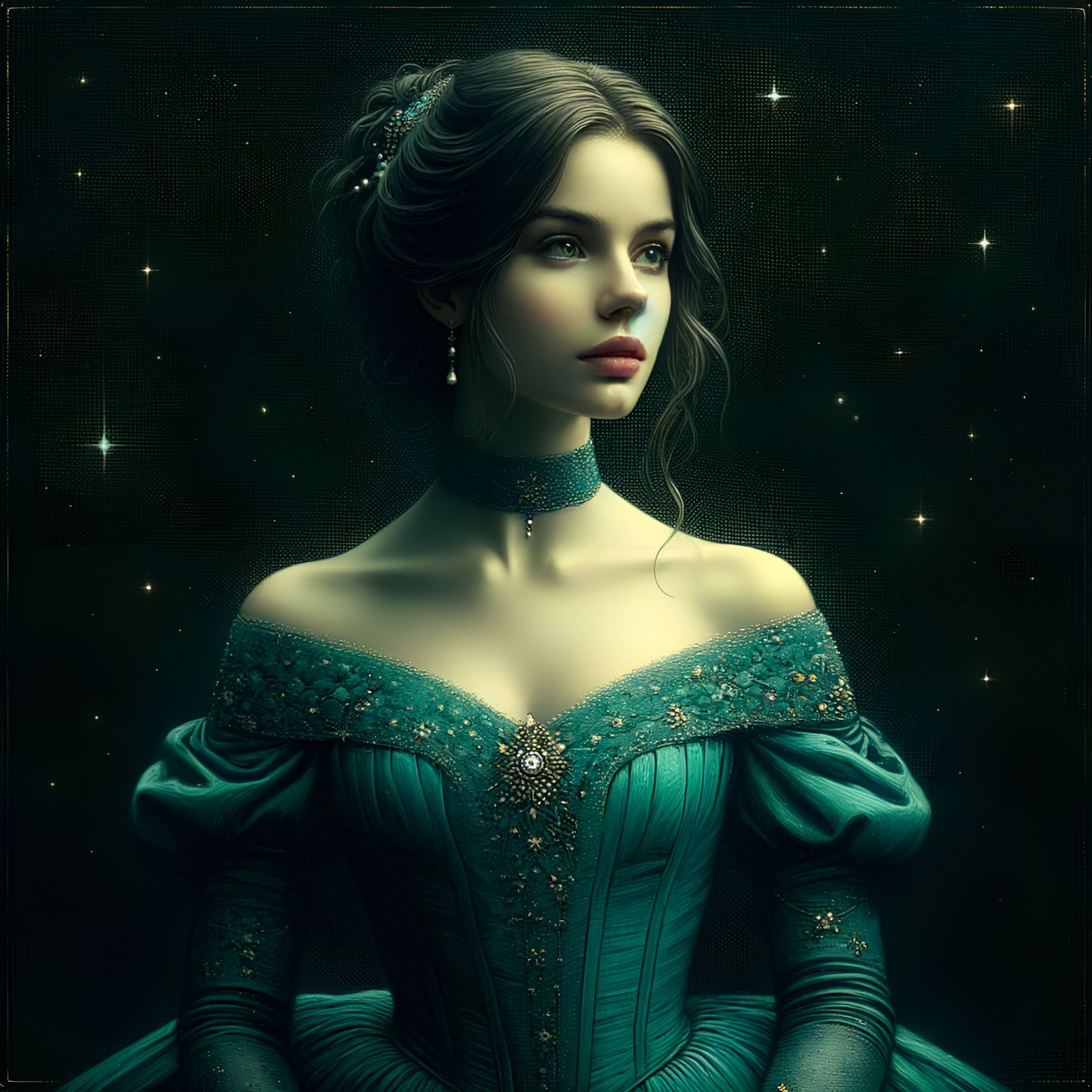 Romantic Princess in Teal Dress Oil Painting