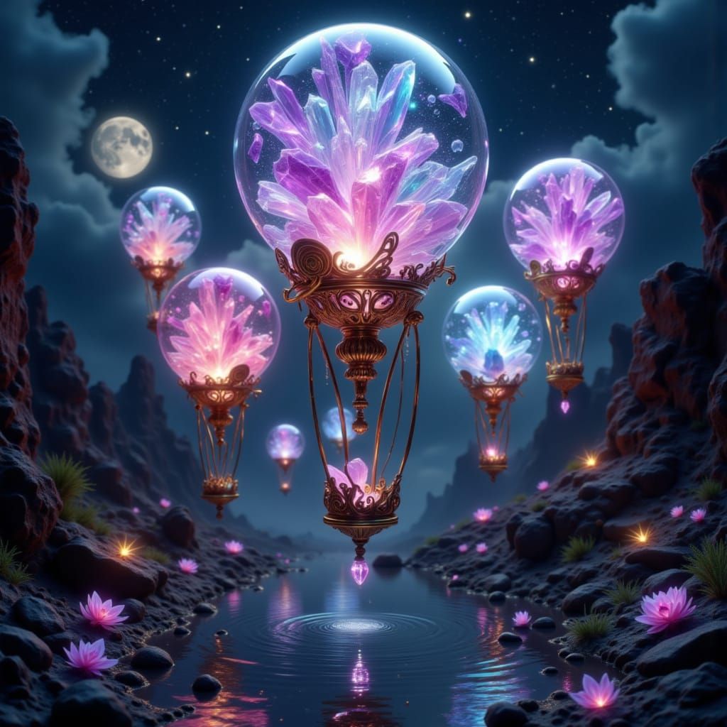 Crystal Balloons Float Above Moonlit Canyon in Celestial Ele...