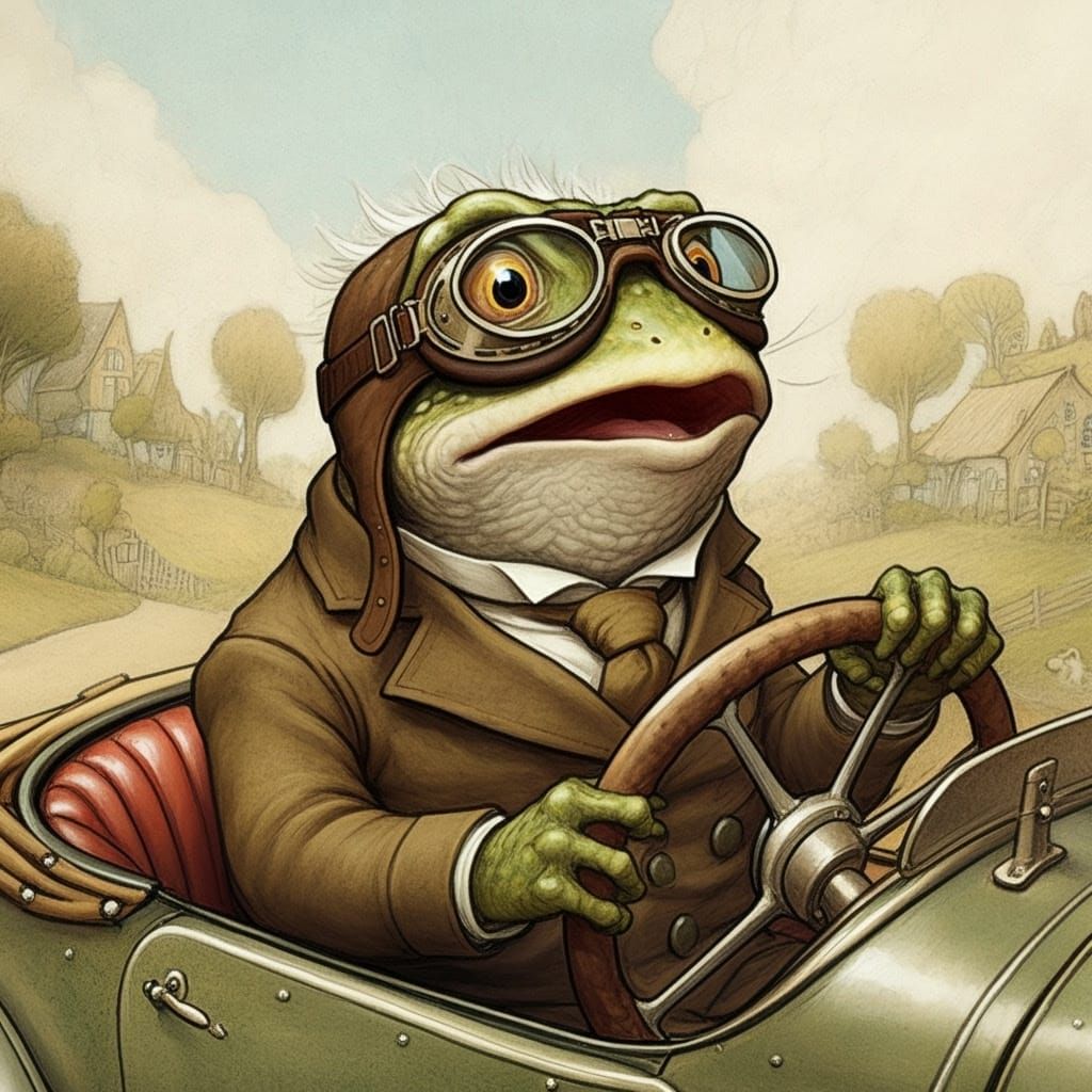 Mr Toad looking surprised when he almost crashes his car