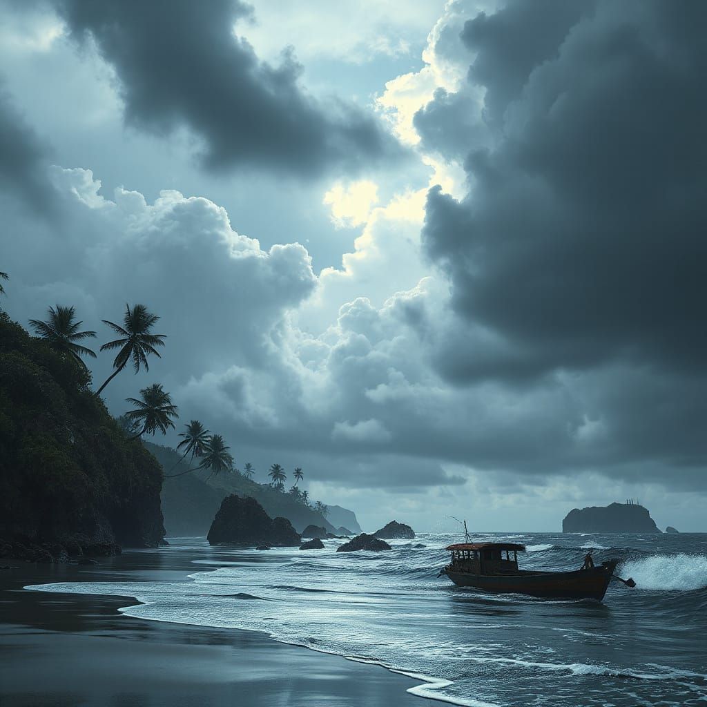 Stormy Coastal Scene with Palm Trees in Matte Painting