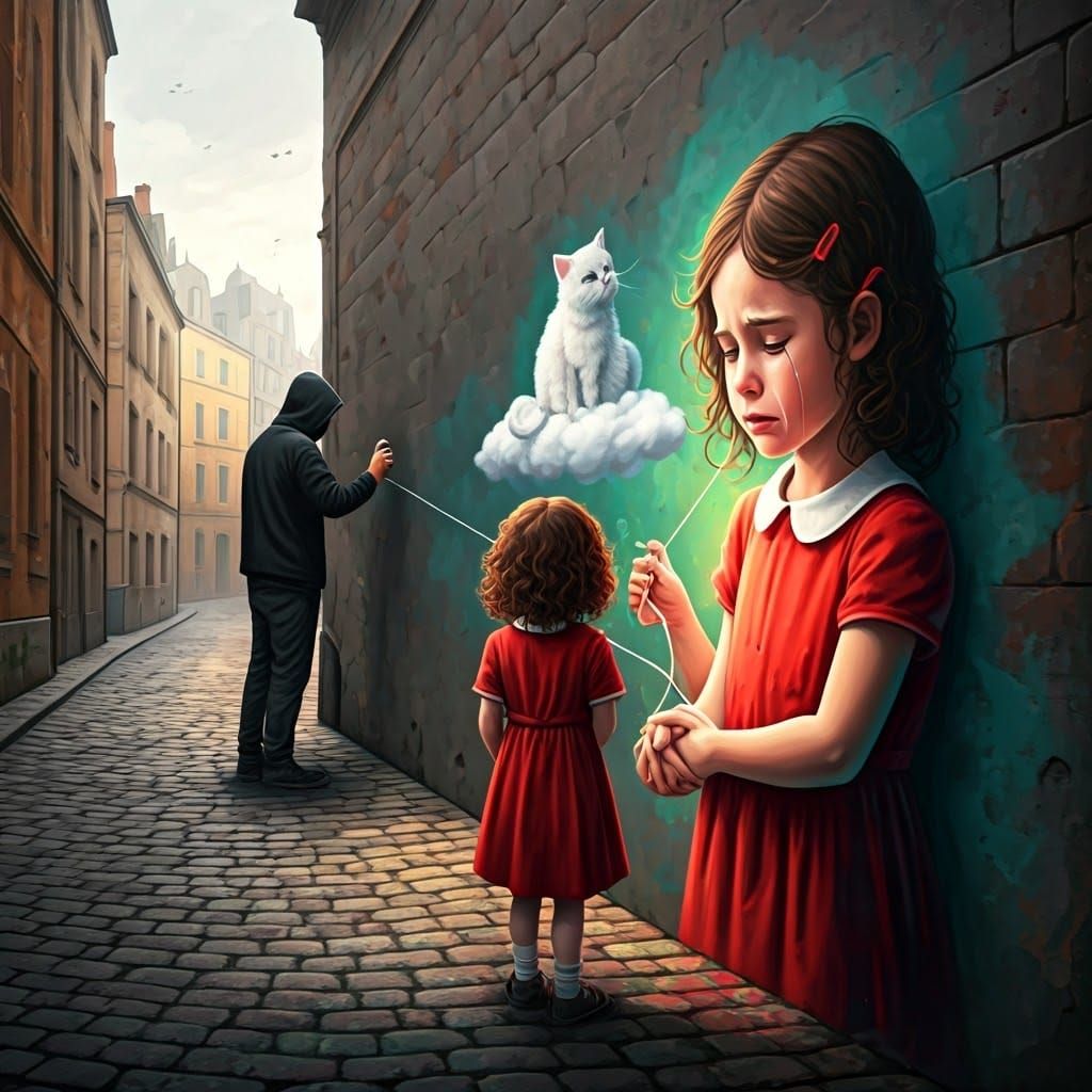 Urban Scene: Girl, Graffiti Artist, Banksy-Style Mural