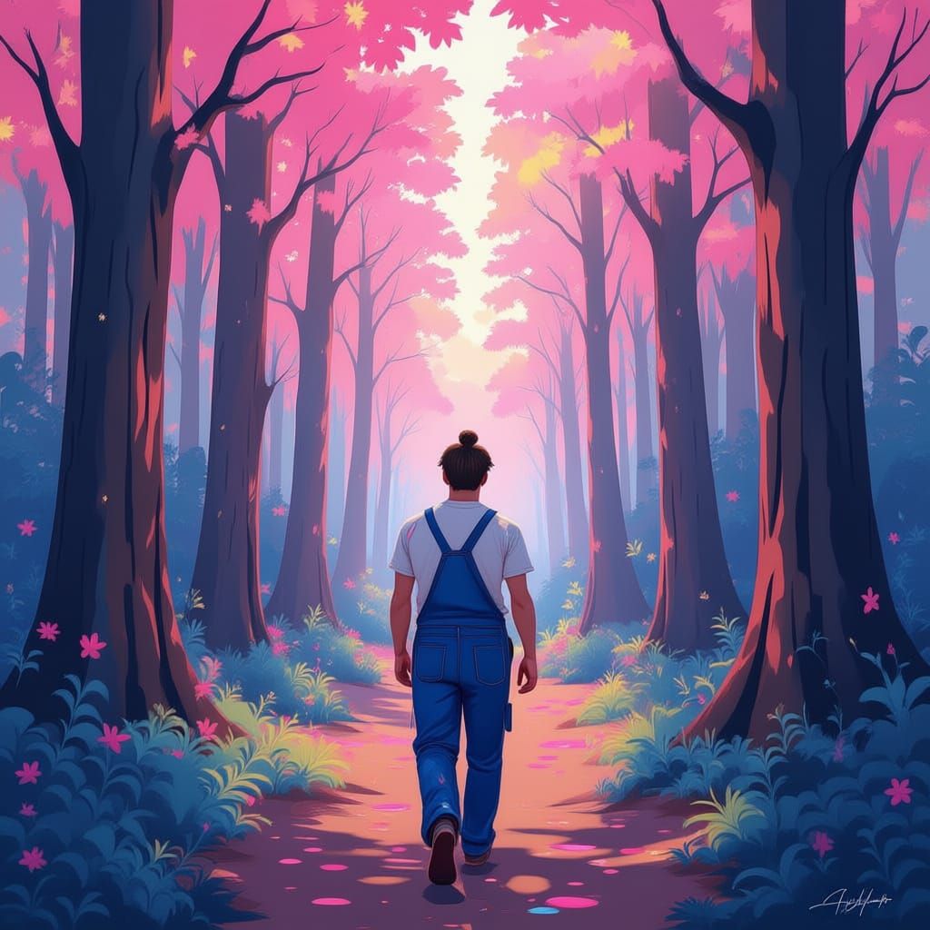 Man in Colorful Forest with Pink Sky