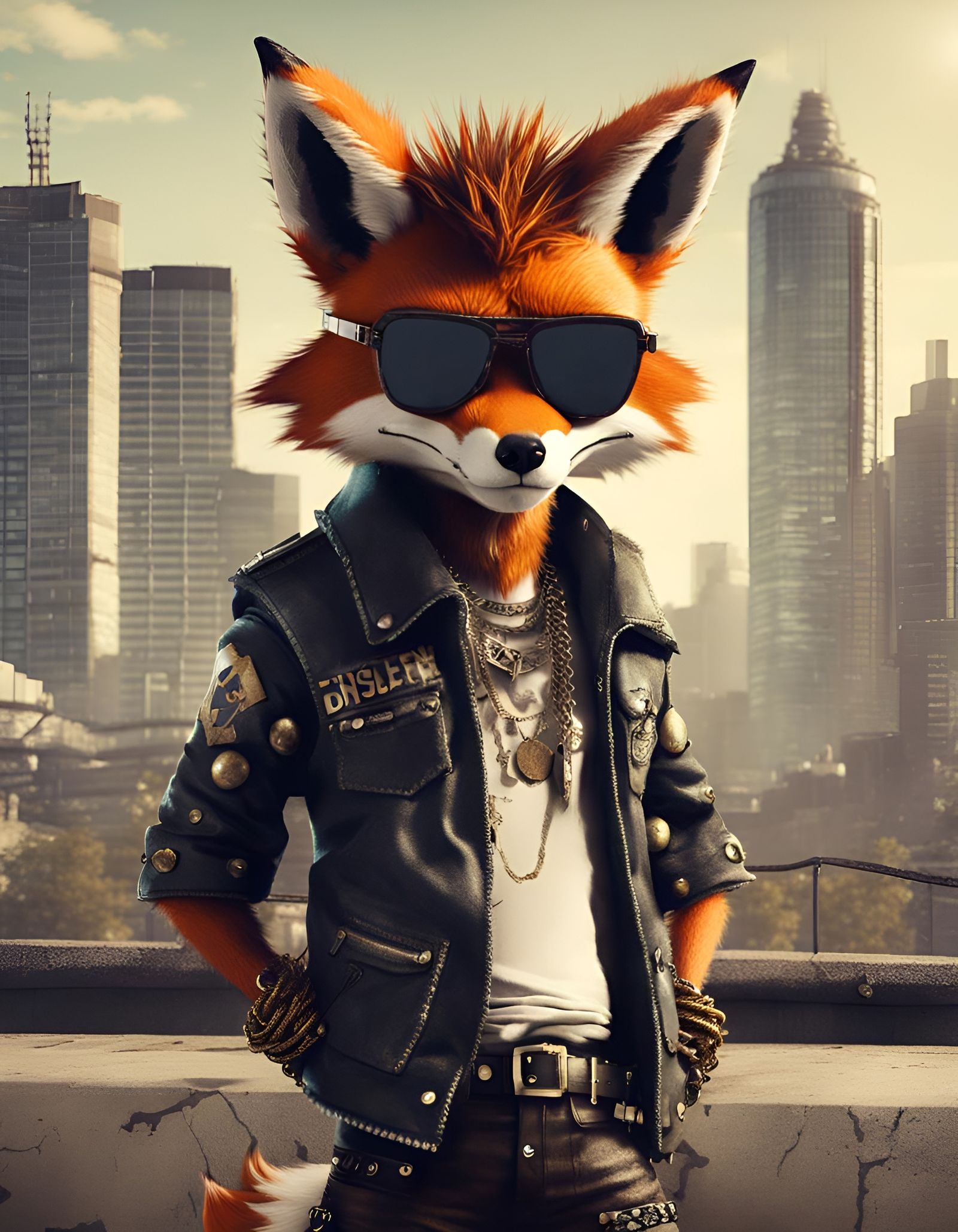 Punk fox with city skyline.