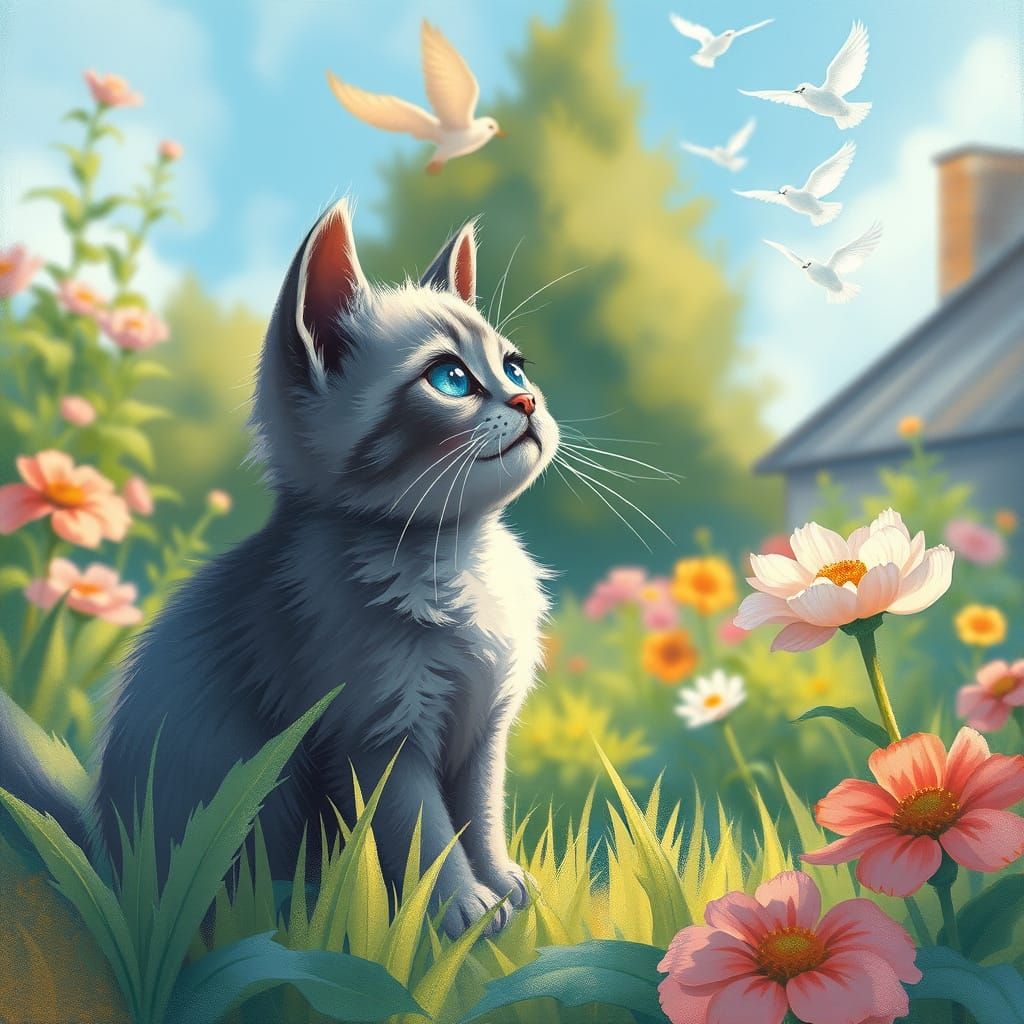 Whimsical Grey Kitten Watches Birds Take Flight