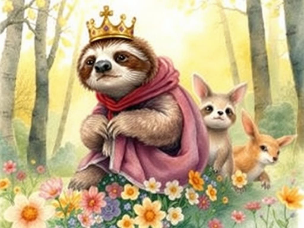 Sloth King's Royal Procession in Watercolor Storybook Style