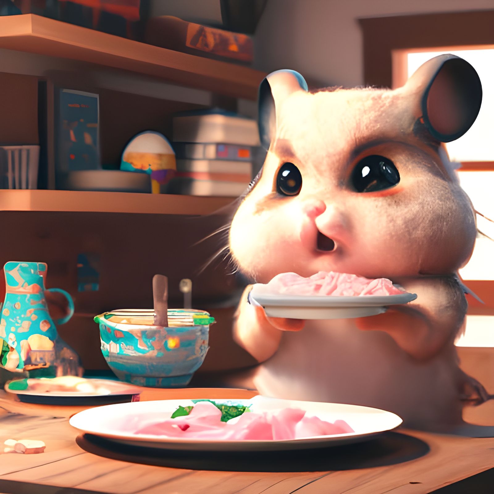 Chibified Hamster's Ham Feast: A Pixar-esque Illustration