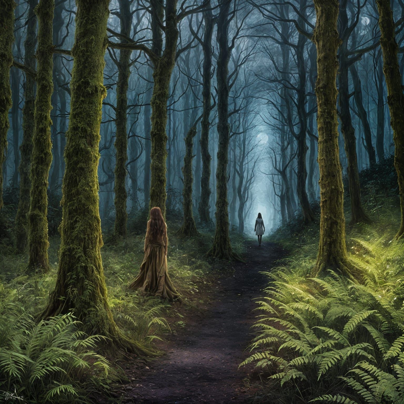 Woman Walks in Forest with Moon, Sinister Style
