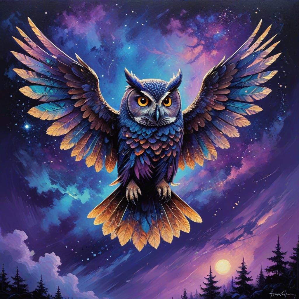 Gothic Steampunk Owl in a Vibrant Galaxy Night Sky