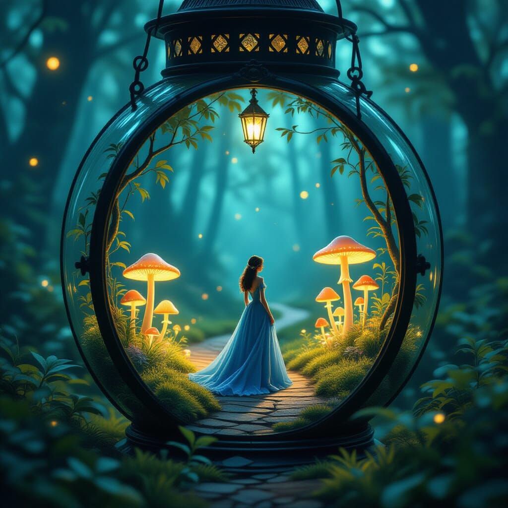 Enchanting Forest Lantern World with Woman in Blue Gown