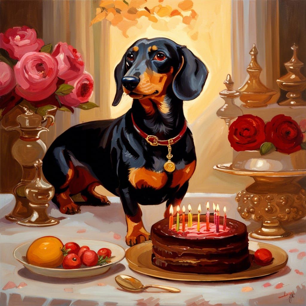 Gothic Romantic Dachshund Celebrates Birthday in Oil Paintin...