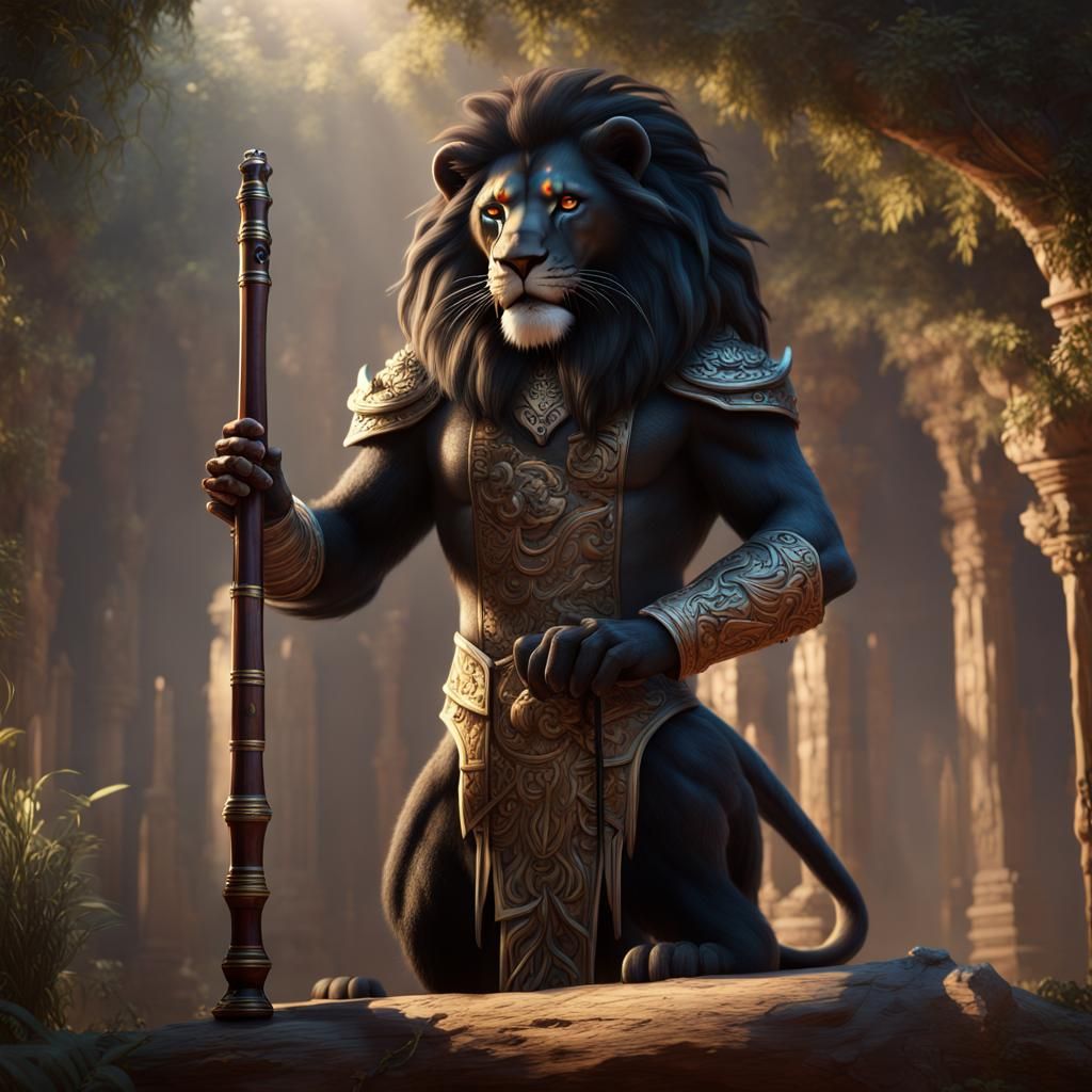 Fantastical Leonin Bard with Flute in Detailed Painting