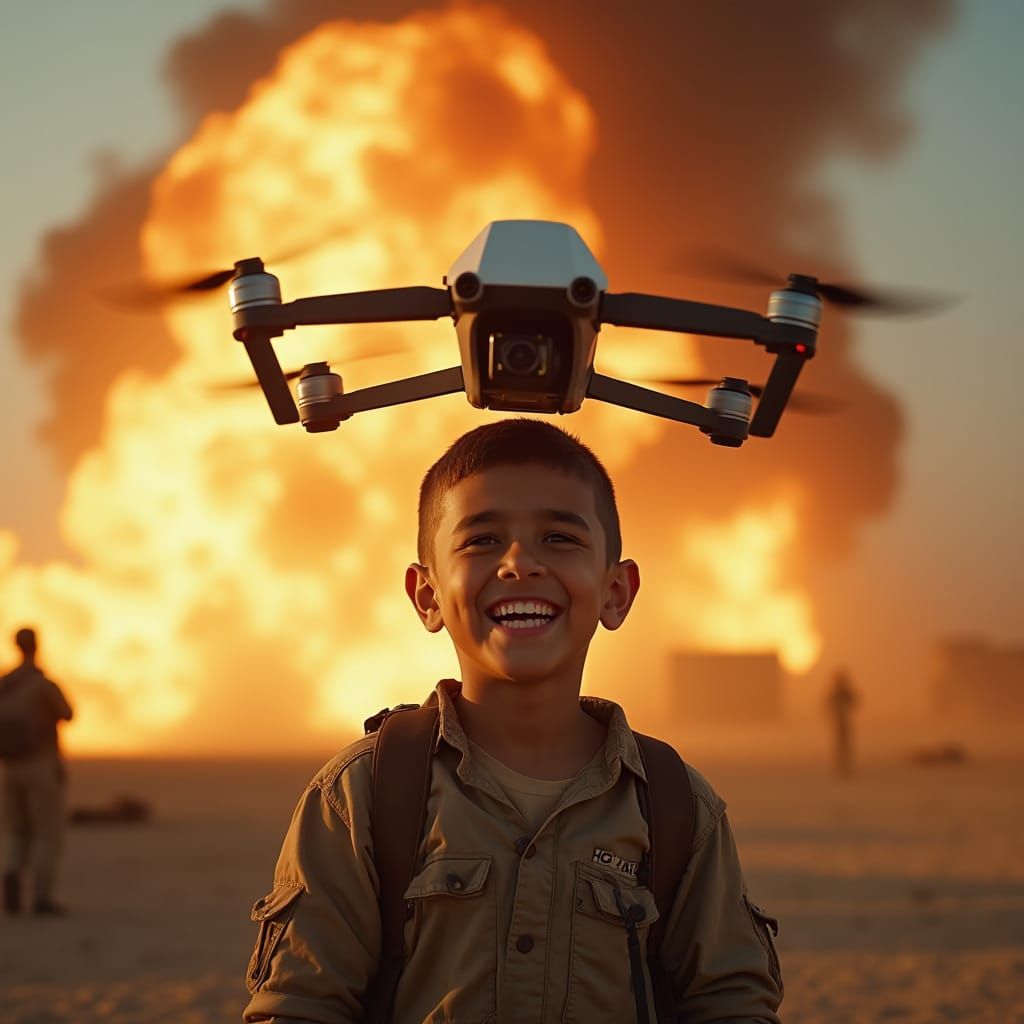 Triumphant Iraqi Kid with Drone in Cinematic Style