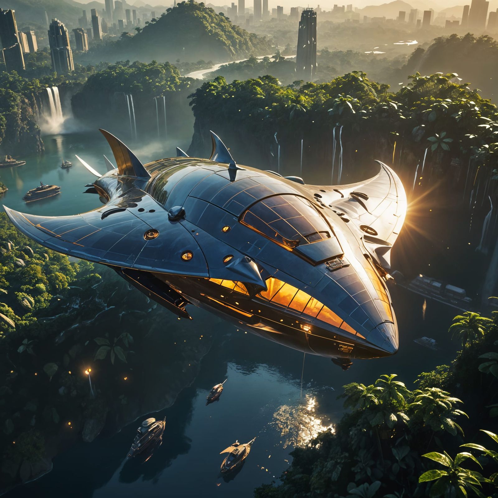 Solarpunk Airship Over Jungle City Digital Painting