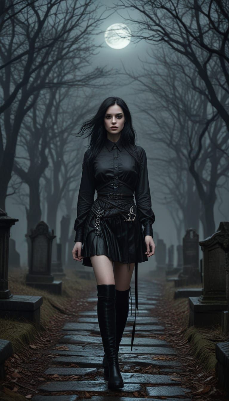 Ethereal Gothic Beauty Walks Among Ancient Graves Under Full...