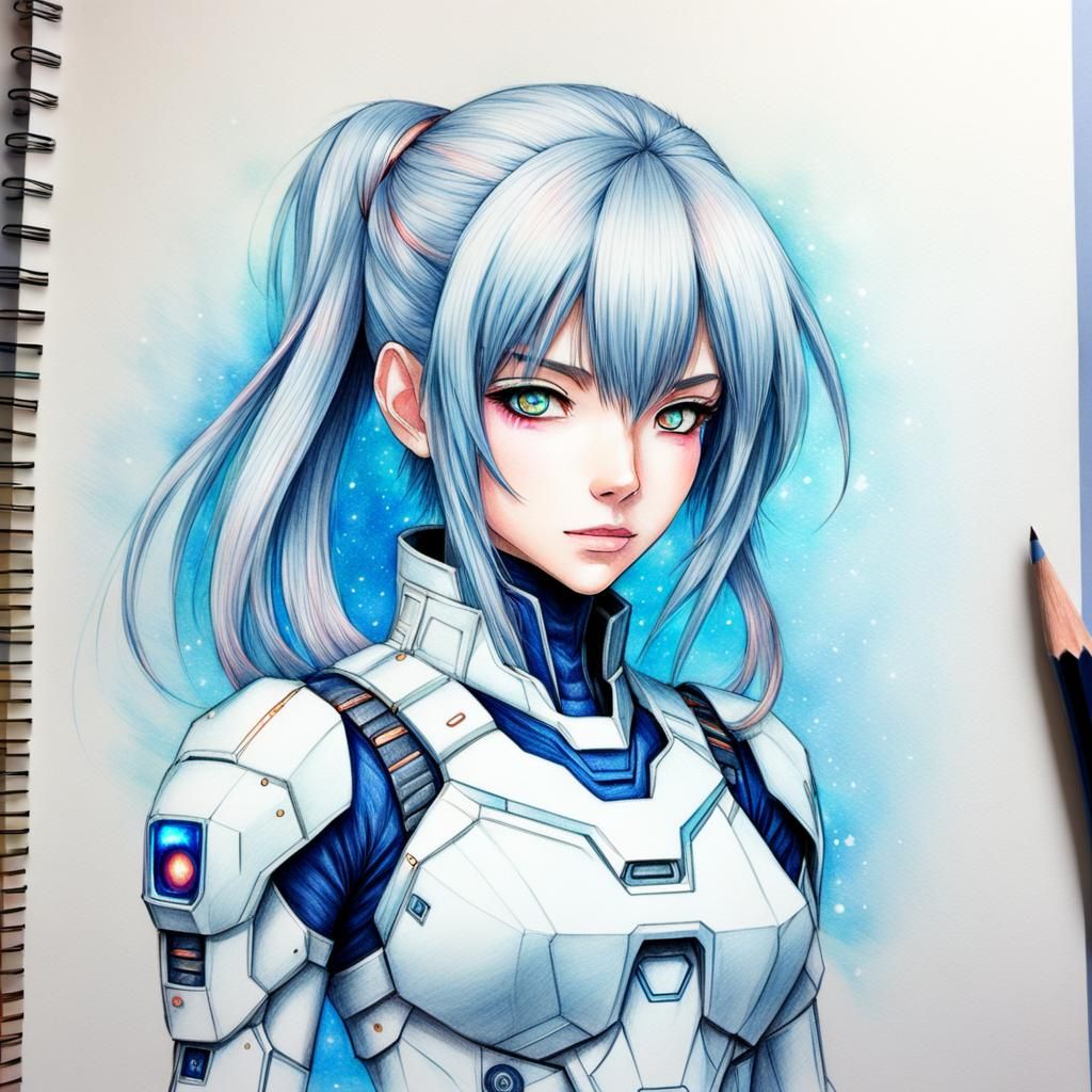 Sci-Fi Anime Girl Portrait in Colored Pencil