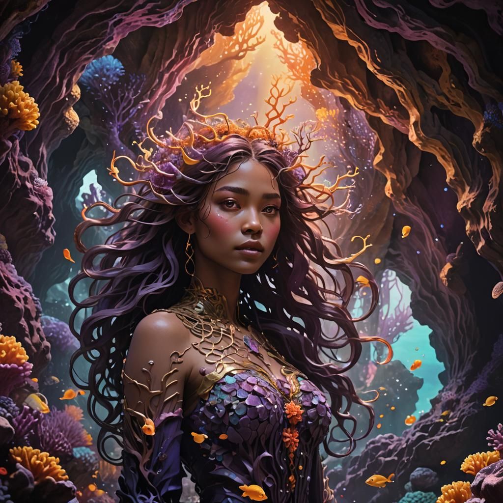 Coral Reef Girl in Mystical Cave: Dark Fantasy Art