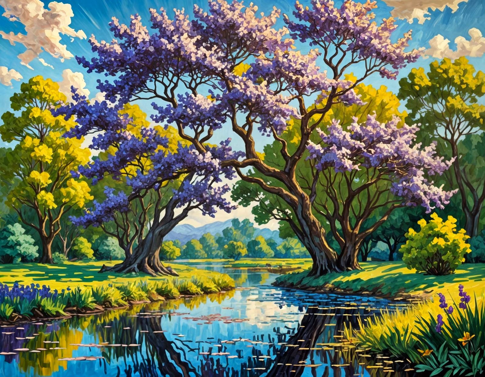 Blossoming Jacarandas by a Serene Pond