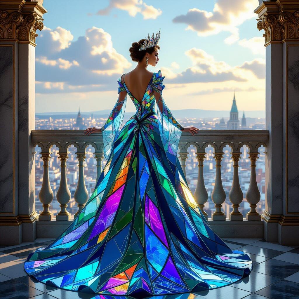 Queen in Iridescent Glass Gown Overlooks City