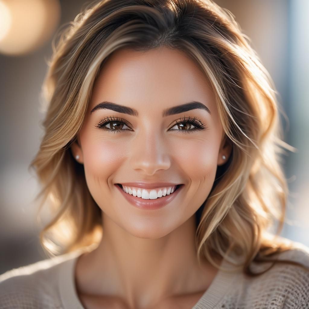 Photorealistic Portrait of a Smiling Woman in Natural Light