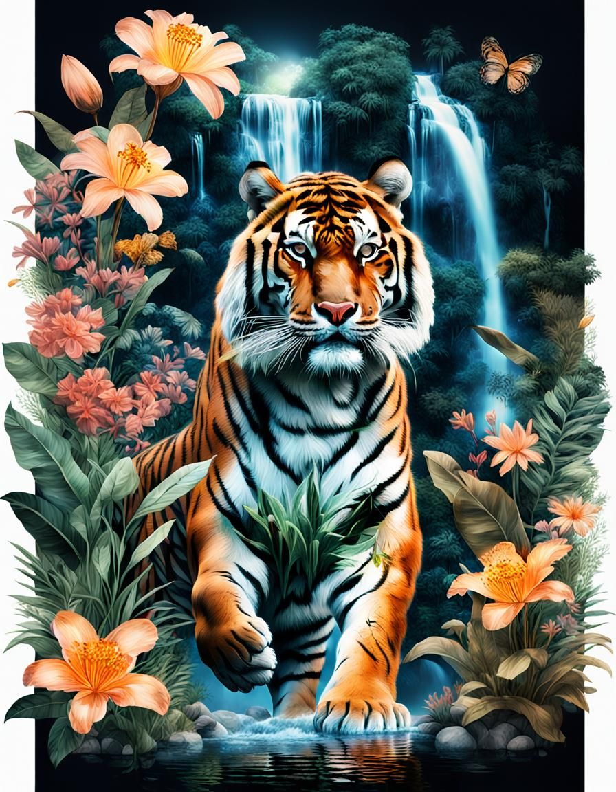 Tiger Double Exposure with Jungle Scenes in Hyperrealism