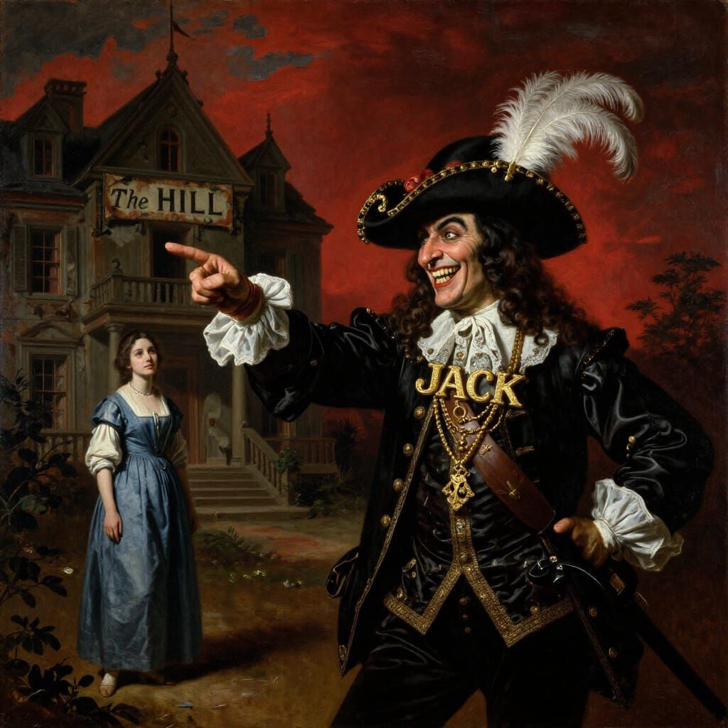 Baroque Oil Painting of Wicked Musketeer and Haunted Mansion