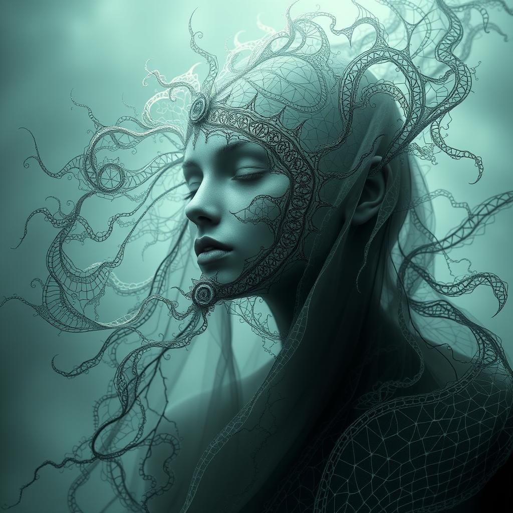 Faceless Figure in Fractured Filigree: A Surreal Dreamscape