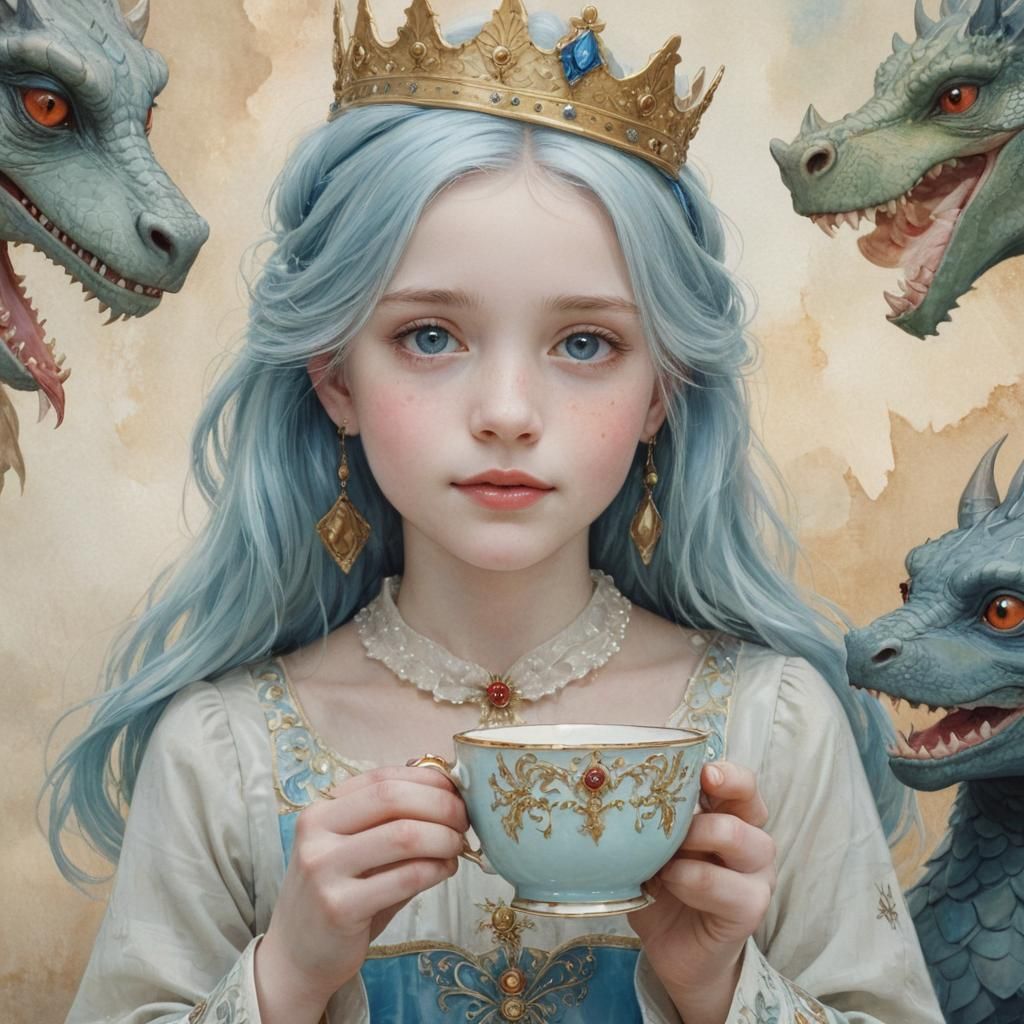 Princess and Dragon Tea Party in Dreamy Watercolor Style