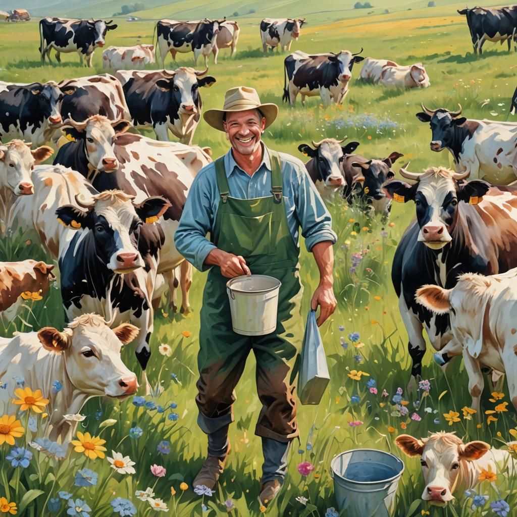 Happy Farmer with Cows in Pastel Meadow