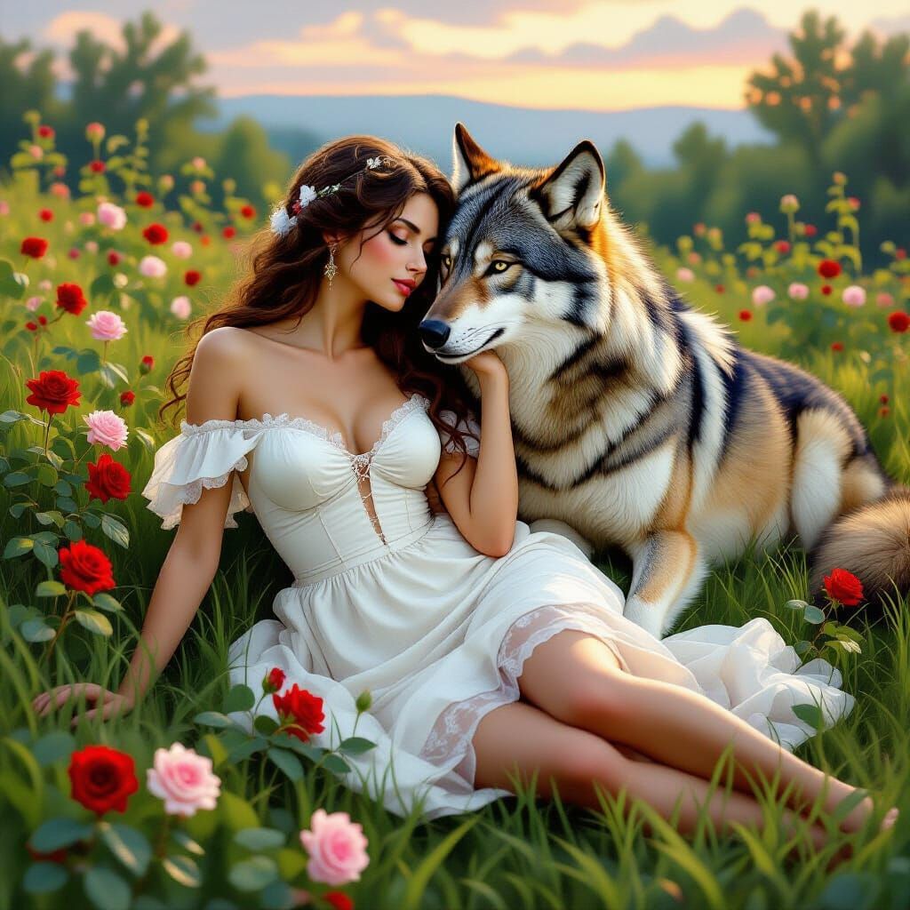 Woman and Wolf Mate in Rose Garden at Twilight