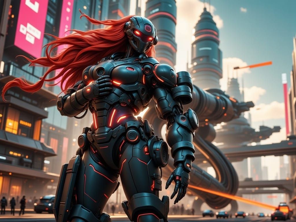 Female Cyber Police Officer Patrolling Futuristic City in Cy...