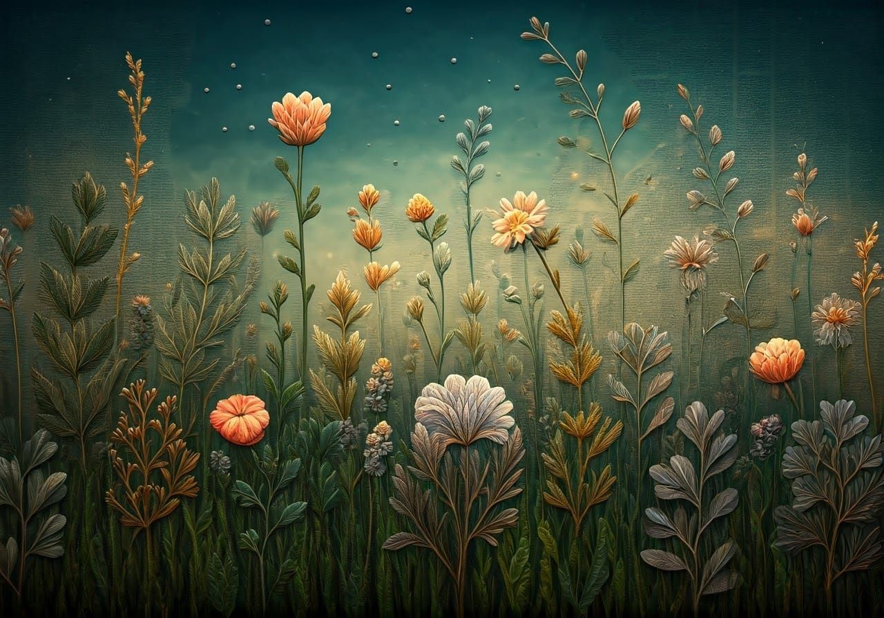 Whimsical Embroidered Flower Garden Collage in Vintage Style