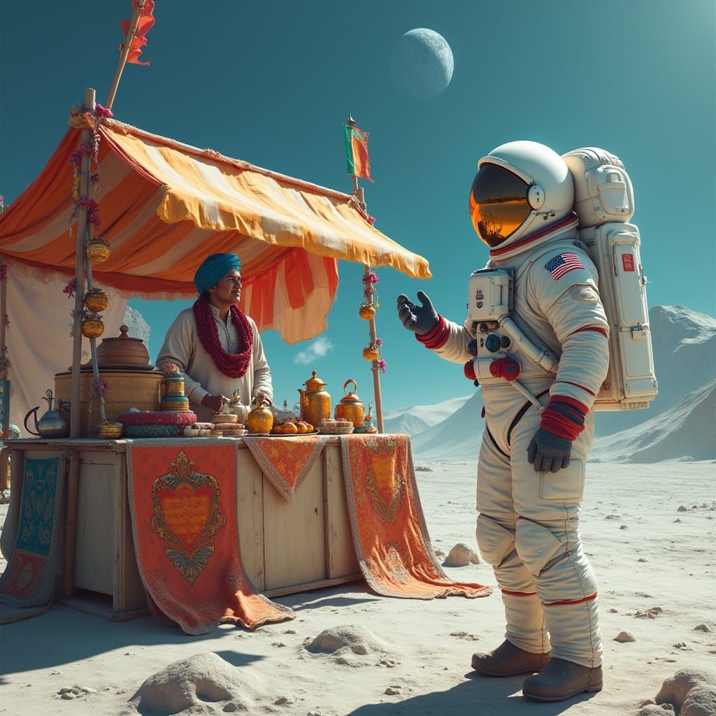 Sleek Astronaut Converses with Indian Tea Vendor on Lunar Su...