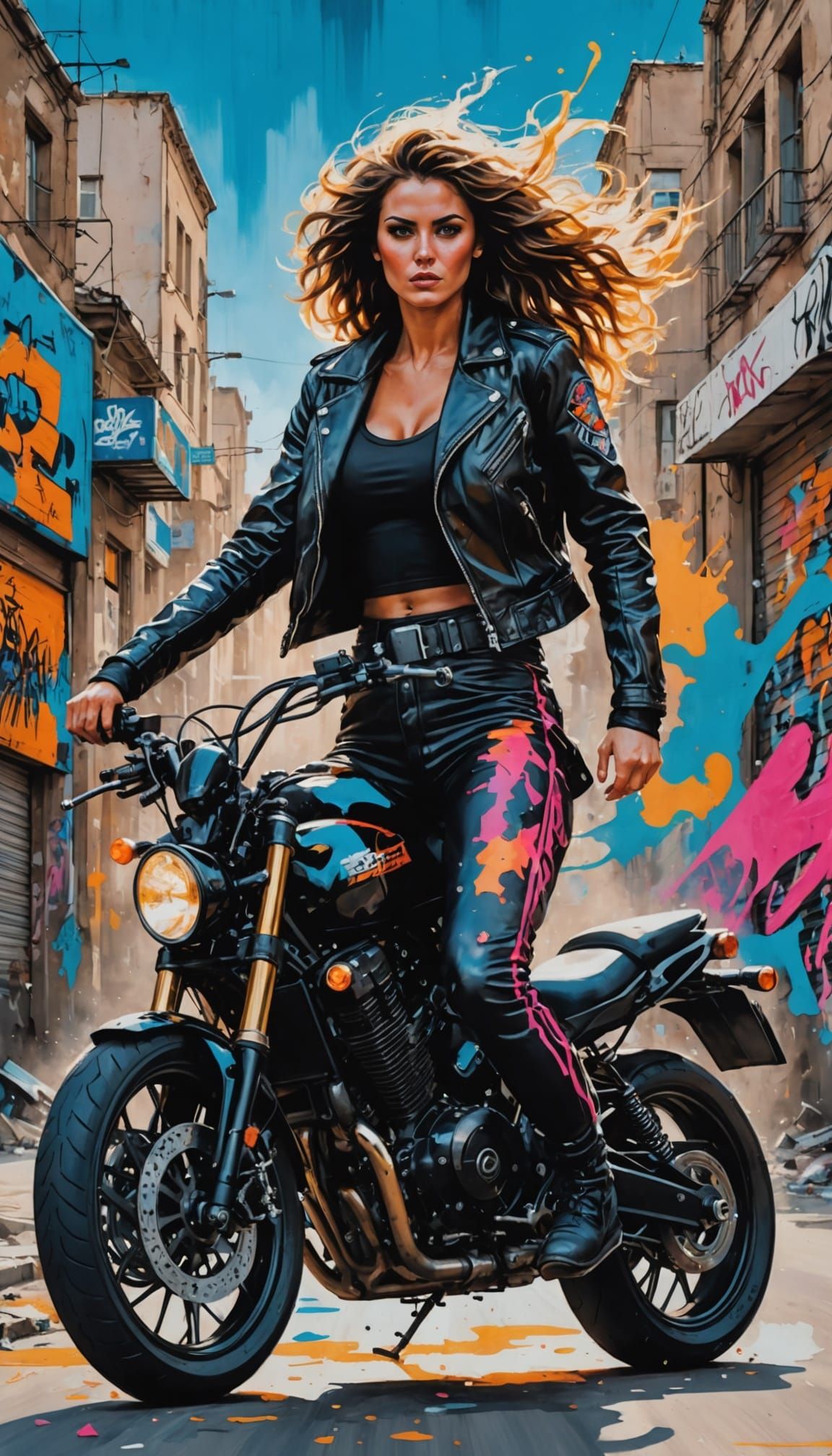 Motorcycle Rider in Neon City Graffiti Art Style