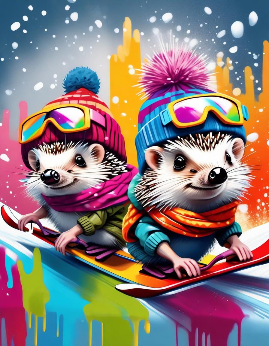 Hedgehogs Skiing Down a Snowy Slope in Graffiti Art