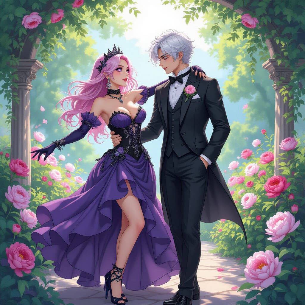 Gothic Romance: Couple Dancing in Peony Garden