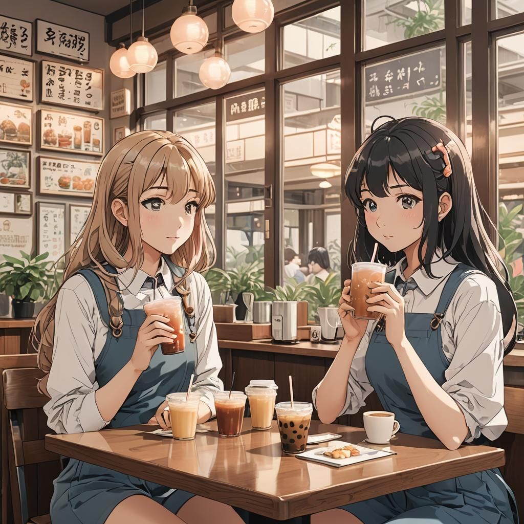 Anime Girls in Vintage Cafe Reading Manga