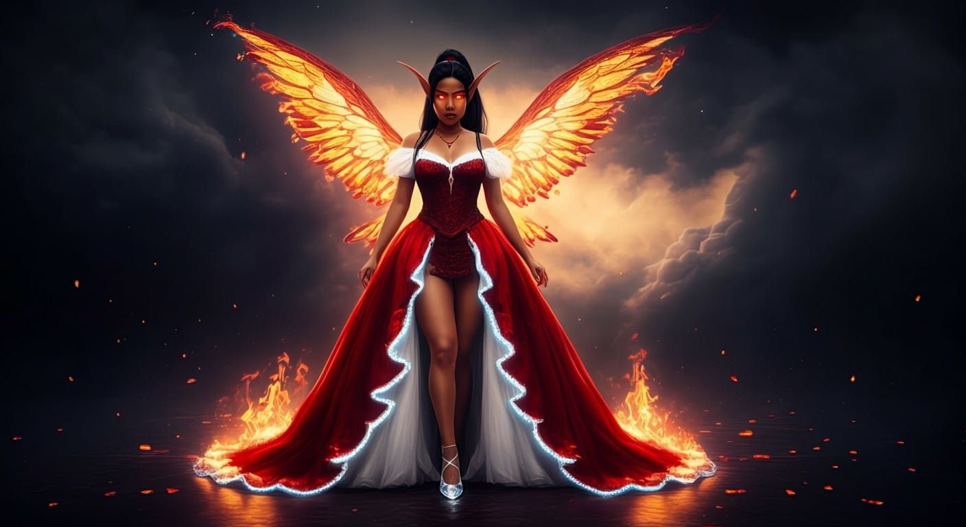 Latina Elf with Bioluminescent Gown and Fire Wings