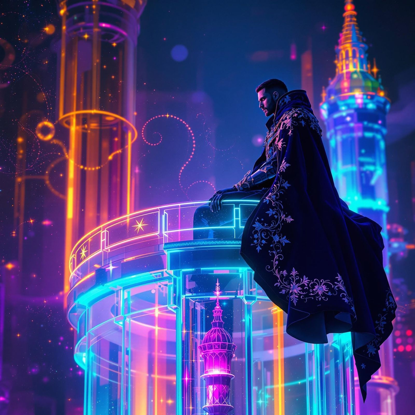 Elegant Knight in Neon Castle Turret