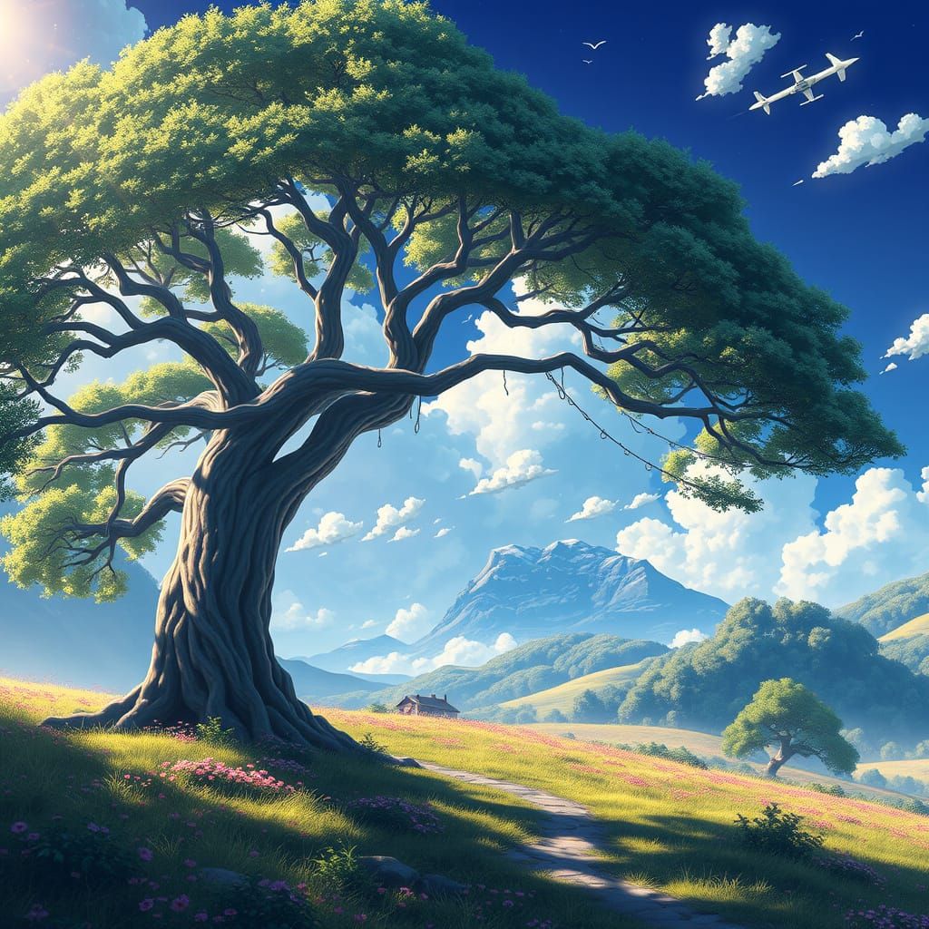 Tree Swaying in Wind: Studio Ghibli Anime Style