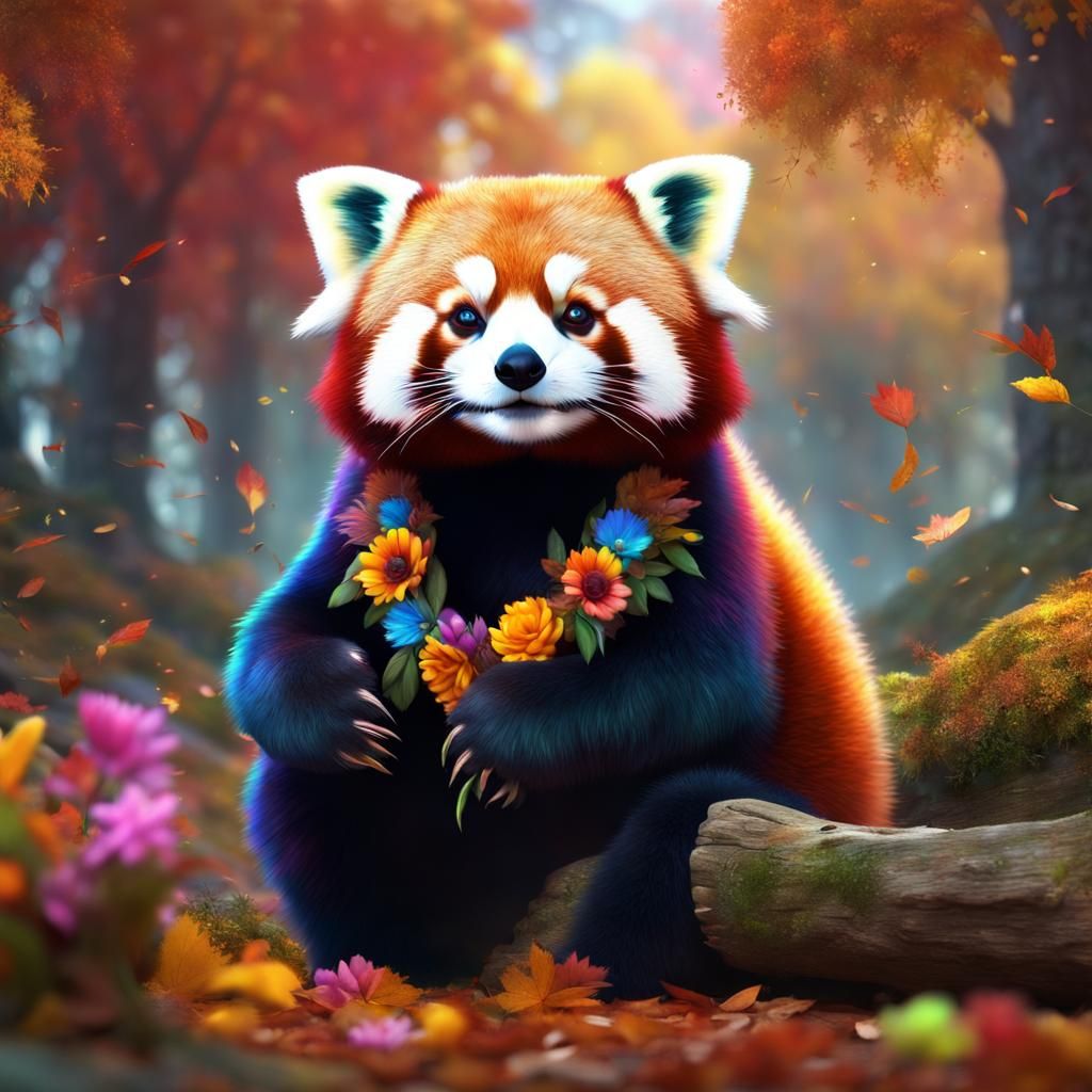Red Panda with Flowers in Autumn Forest