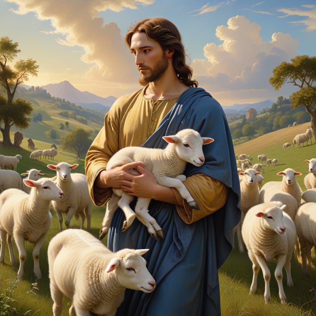 Jesus Tenderly Holds a Lamb in a Renaissance-Inspired Landsc...