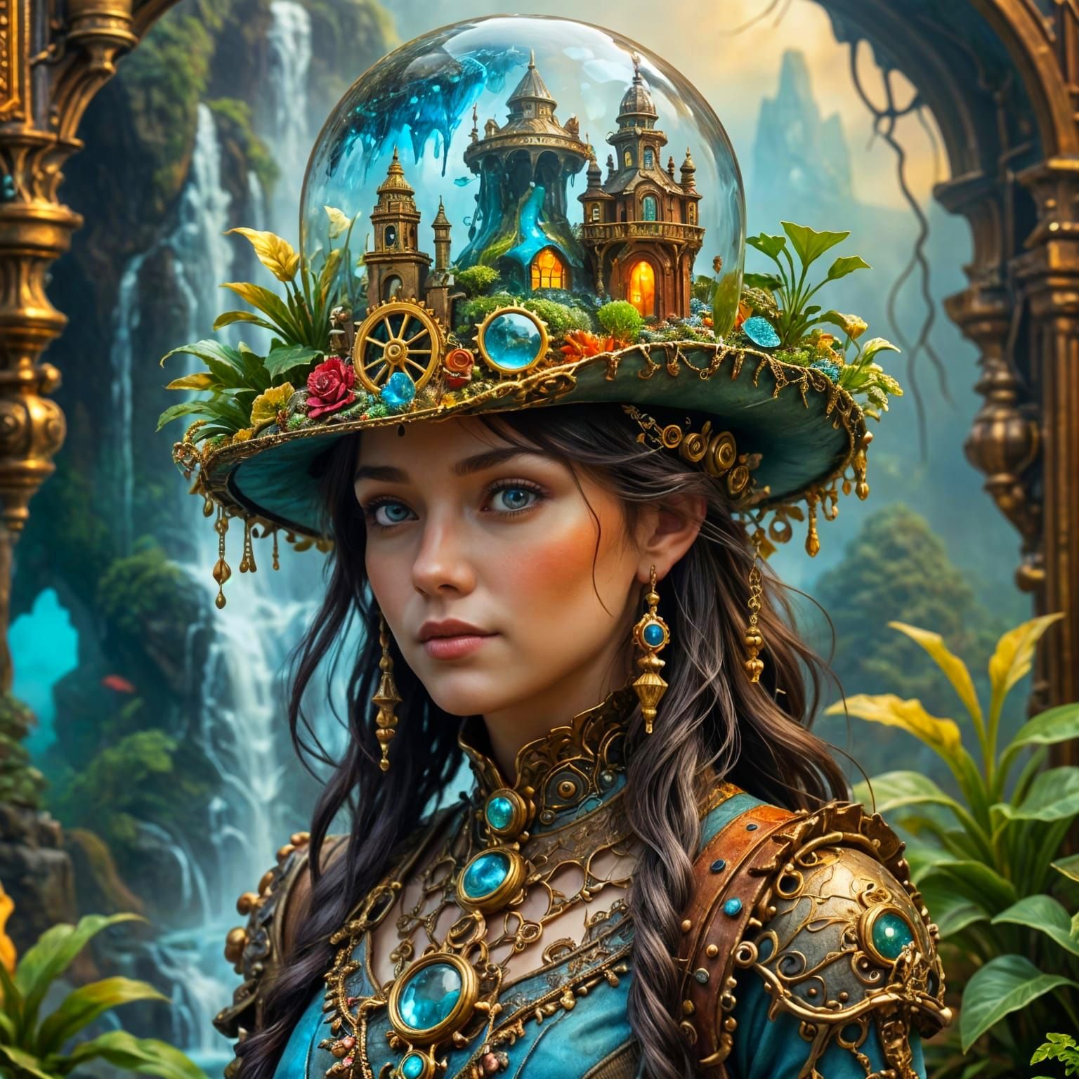 Steampunk Hat with Miniature Waterfall Terrarium
